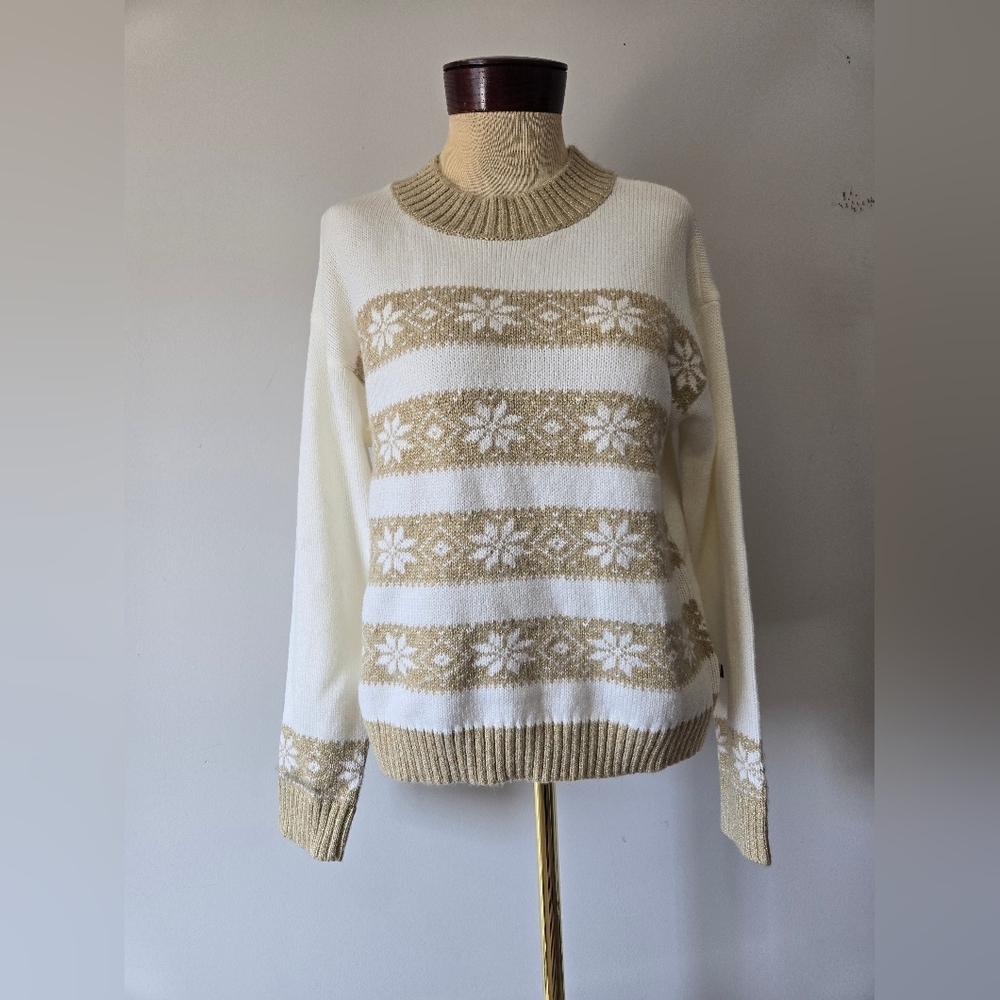 TOMMY HILFIGER  Cream & Gold Snowflake Knit Sweater. Size Small
